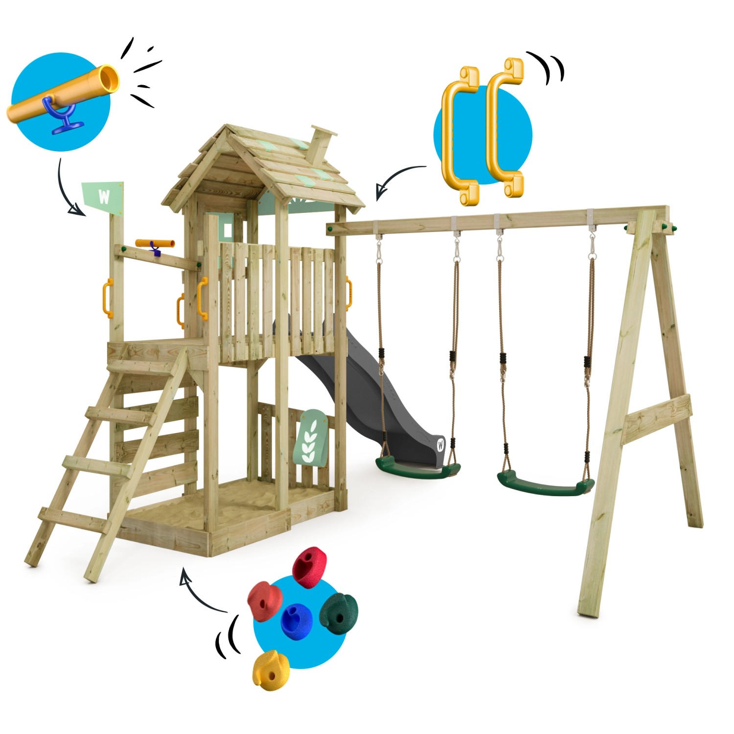 Wickey Spielturm FarmFlyer mit Rutsche, Schaukel und Kletterwand in Pastellgrün.