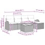 vidaXL Garten-Sofa-Set, 6-teilig, schwarz, Poly Rattan. Gartenmöbel mit Sofa, Hocker und Tisch. Abmessungen sichtbar.