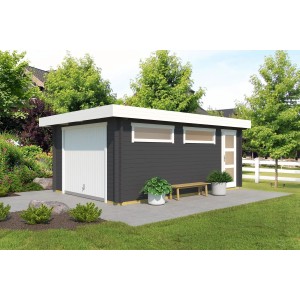Moderne Lasita Garage Canberra in Carbongrau mit Schwingtor, Seitentür und Milchglasfenstern.