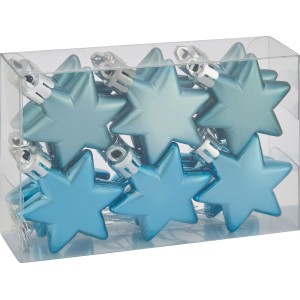 Türkisfarbene Sterne, 12-teiliges Baumschmuck-Set (5 cm) aus Kunststoff, matte Oberfläche.
