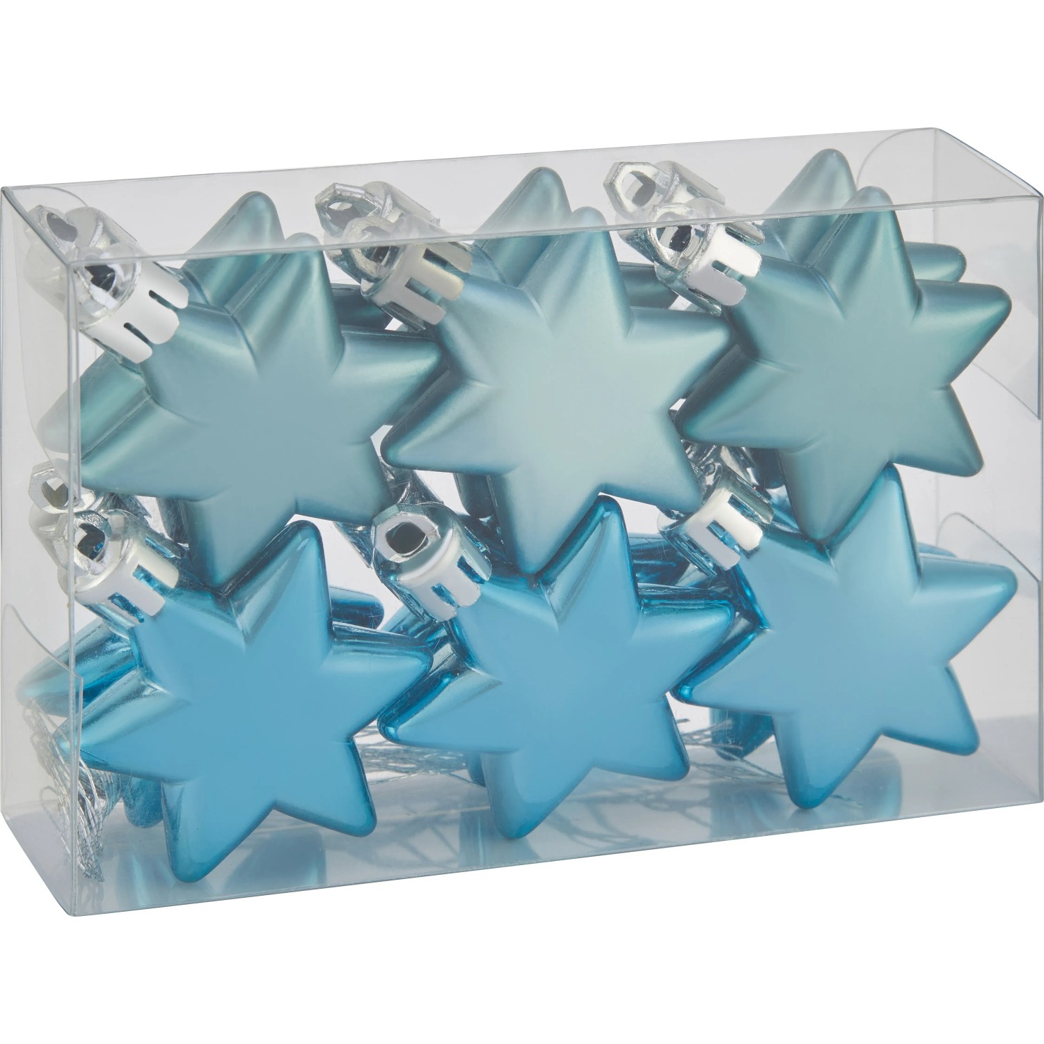 Türkisfarbene Sterne, 12-teiliges Baumschmuck-Set (5 cm) aus Kunststoff, matte Oberfläche.