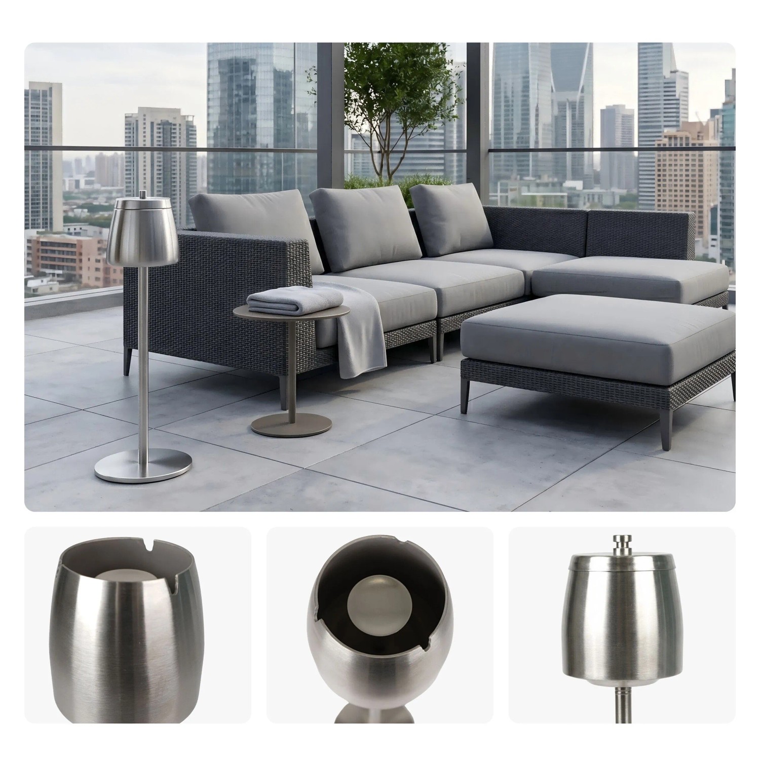 Silberner Edelstahl Standaschenbecher, höhenverstellbar, auf modernem Balkon. Ideal für Raucherbereiche innen & außen.