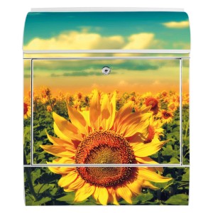 Silberner Briefkasten mit Sonnenblumen Motiv und Zeitungsfach.