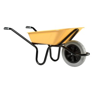 Gelbe Haemmerlin Schubkarre Bau Plus mit 100 l Mulde und PU-Rad.