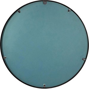 Runder Spiegel (Ø 60 cm) in Altsilber mit schmalem, dunklem Metallrahmen.