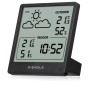 Schwarze Kienzle Funk-Wetterstation Slim mit Anzeige von Innen- und Außentemperatur, Luftfeuchtigkeit und Uhrzeit.