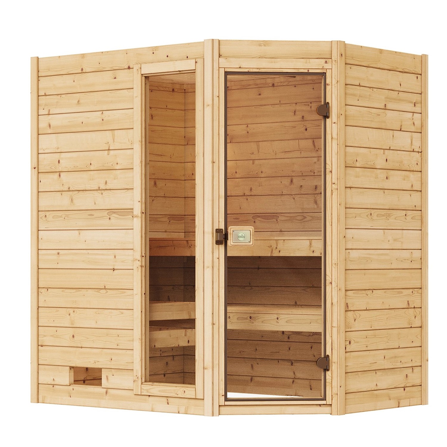 Weka Massivholzsauna Valida Eck mit Glastür, naturbelassenes Fichtenholz. Ideal für kleine Räume.