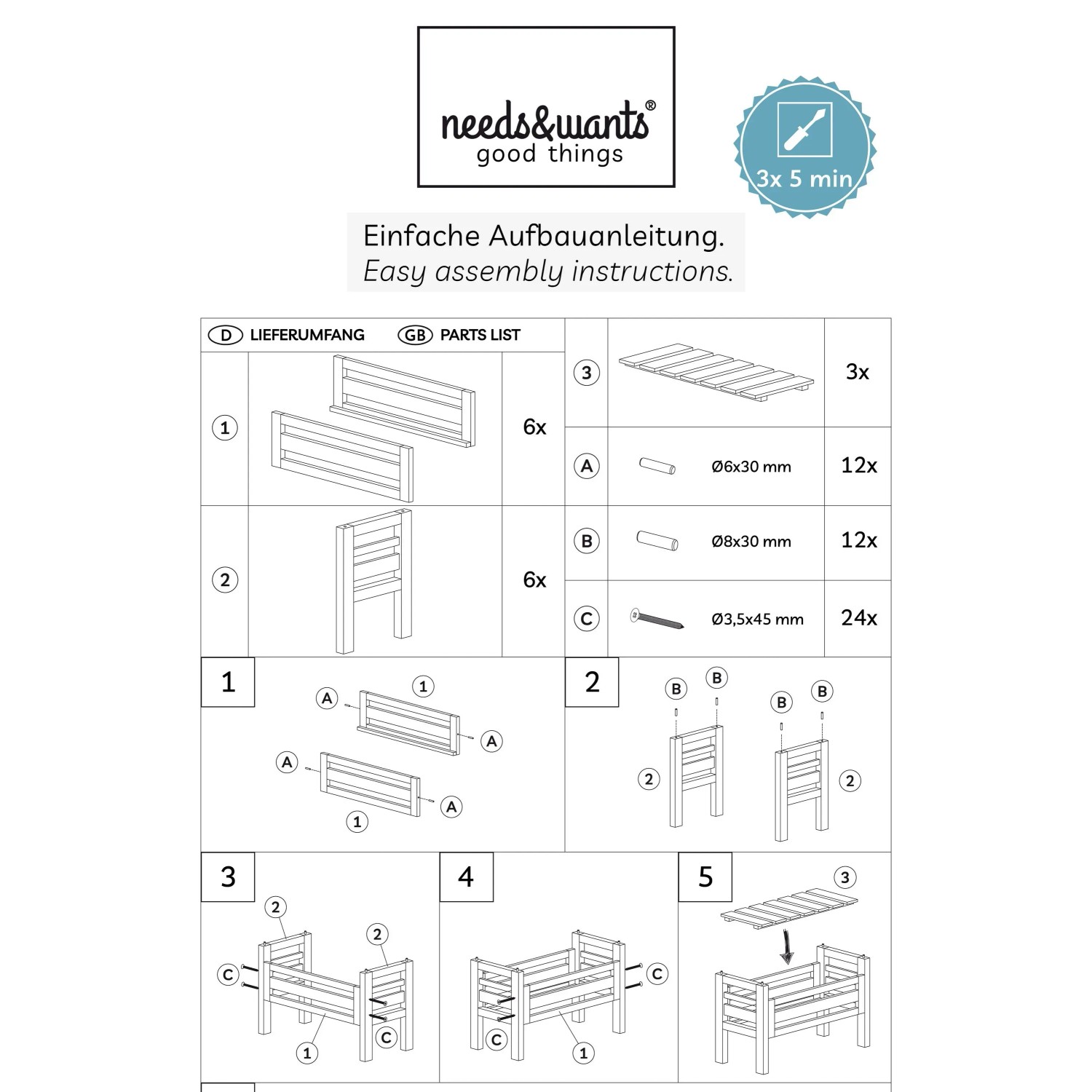 Aufbauanleitung für needs&wants Placy1 Pflanzenständer: Schritt-für-Schritt Anleitung mit Einzelteilen.