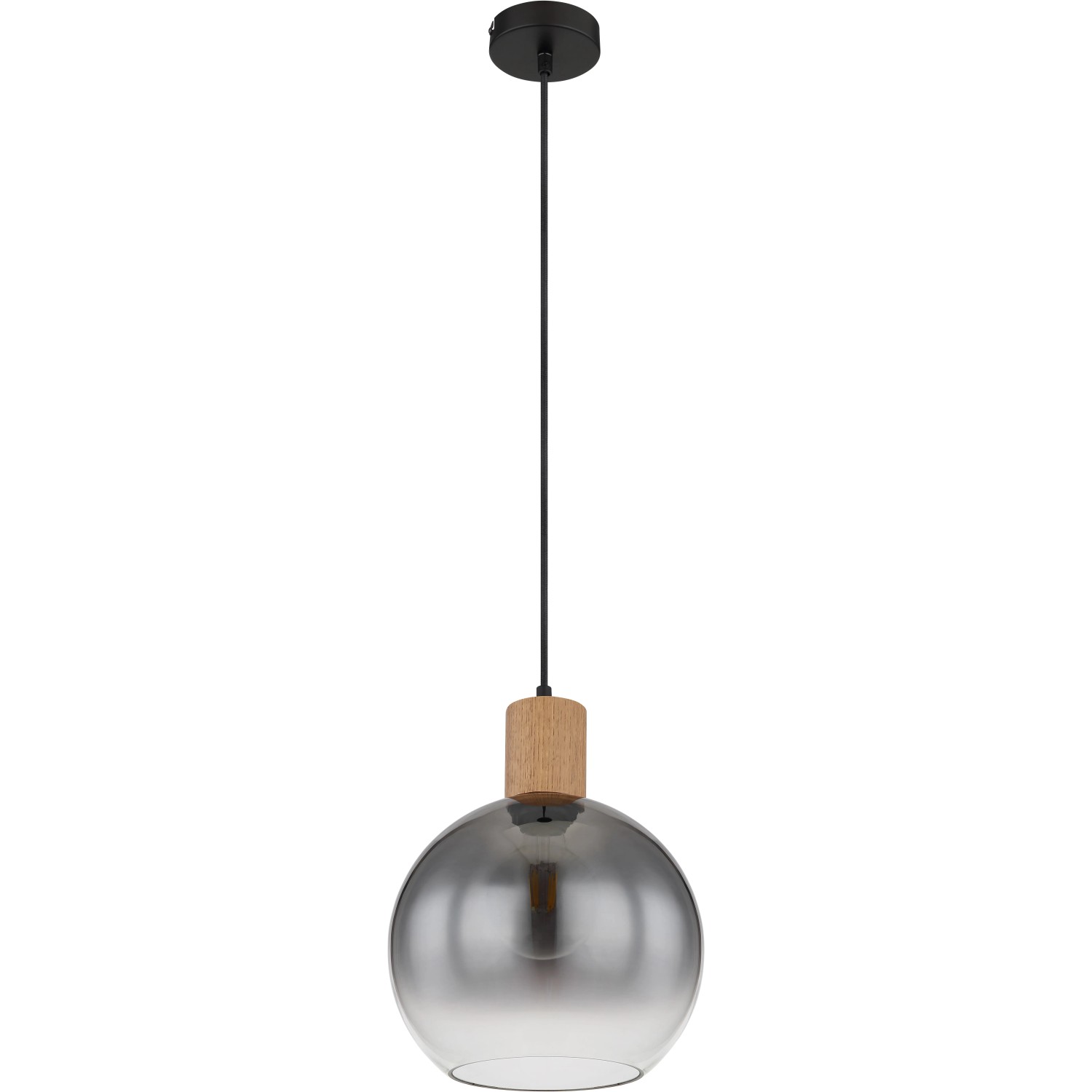 Moderne Pendelleuchte Moitas mit Rauchglas-Schirm und Holz-Akzent, schwarz-matt.