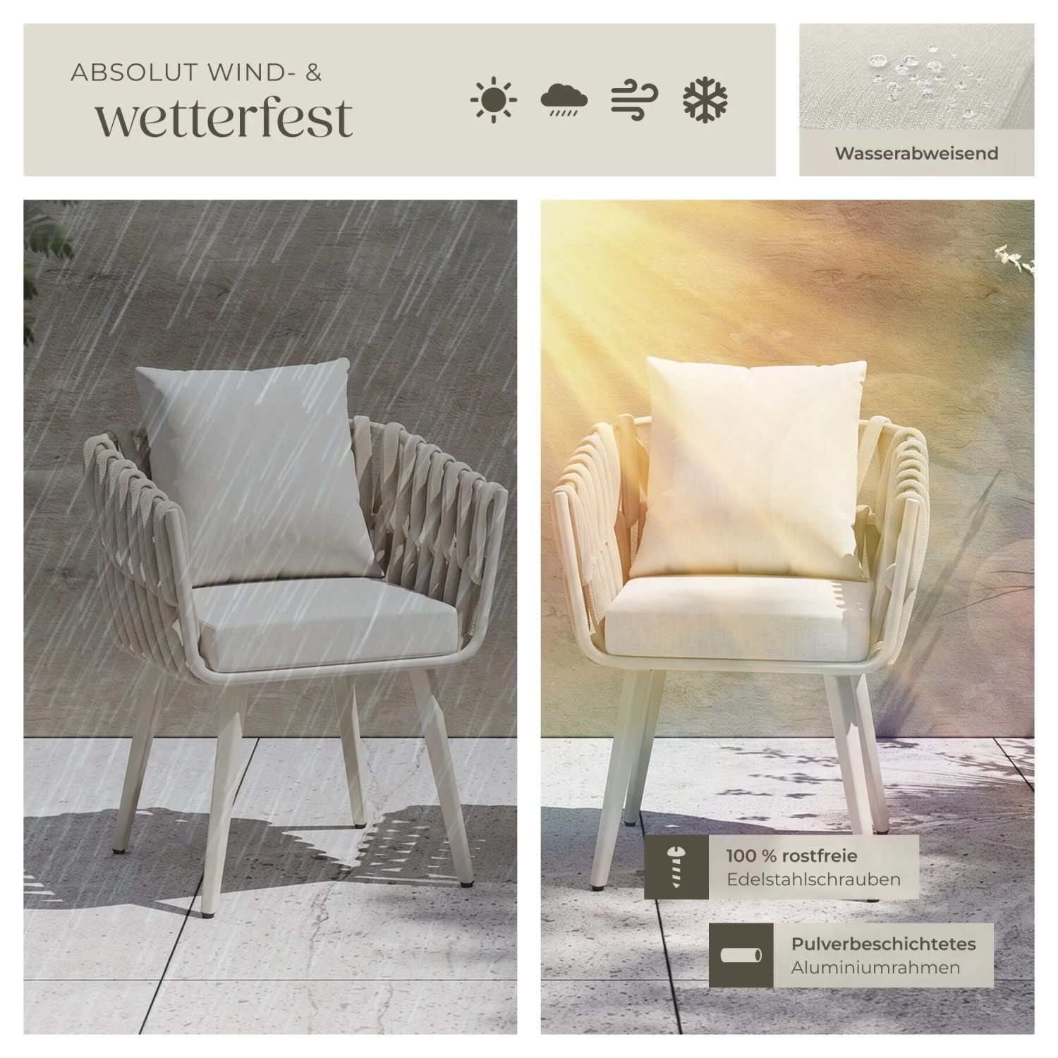 Tectake Aluminium Stuhl Lugano Im Rope Design Wetterfest und Uv Beständig 2Er Set 65 5 x 62 5 x 75 cm Beige_8