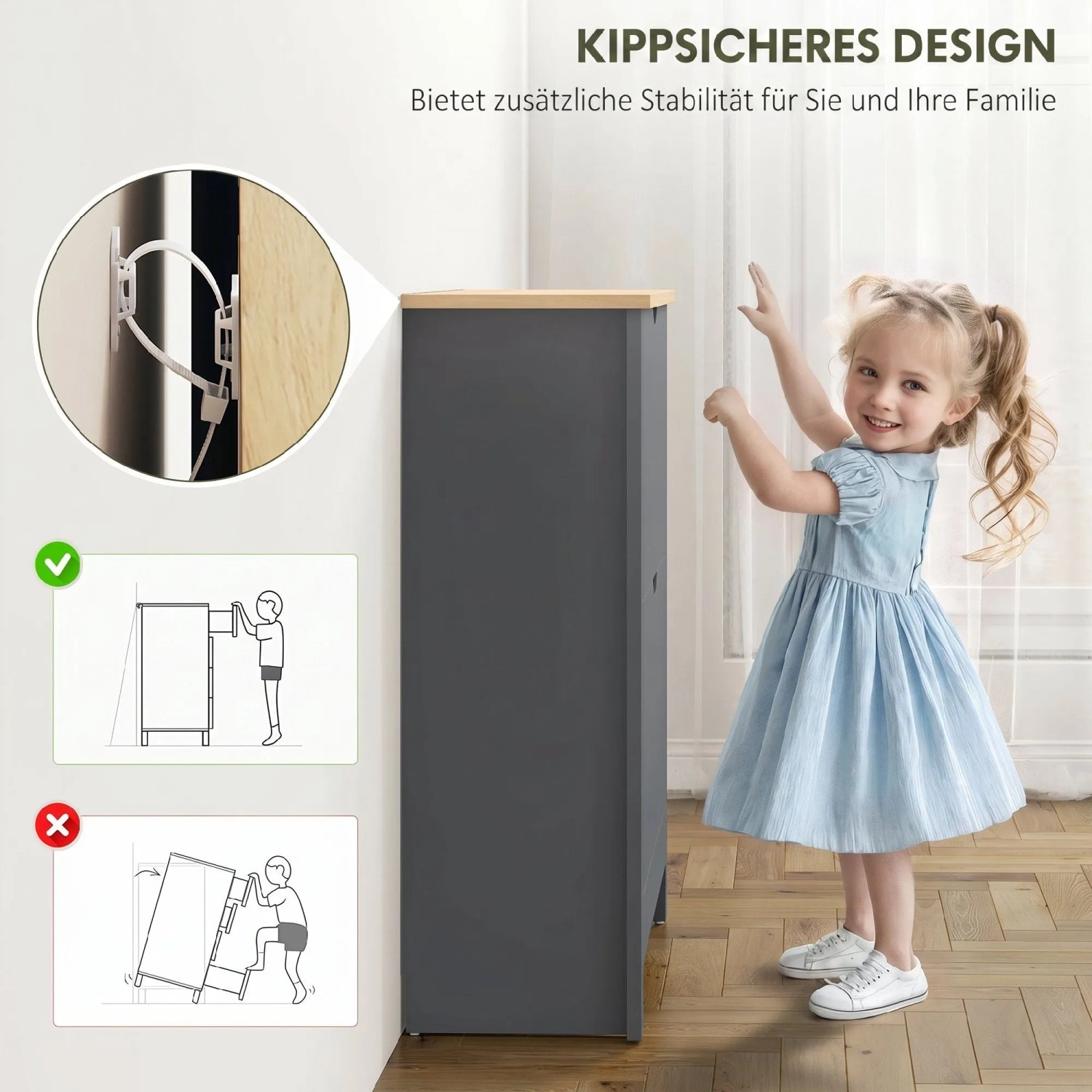 Dunkelgraue HOMCOM Schuhkommode mit heller Holzplatte, kippsicher an Wand befestigt. Kind daneben zeigt Sicherheit.