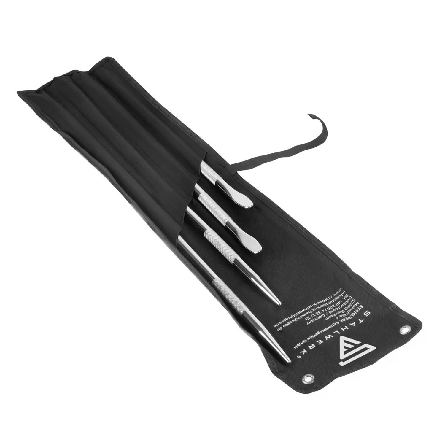 STAHLWERK Montageeisen 4er Set (500-800mm) im schwarzen Rolltasche. Ideal für Reifen- und Karosseriereparatur.