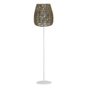 Weiße PR Home Agnar Saigon Outdoor Stehlampe mit beigem Rattan-Schirm für Terrasse und Balkon.