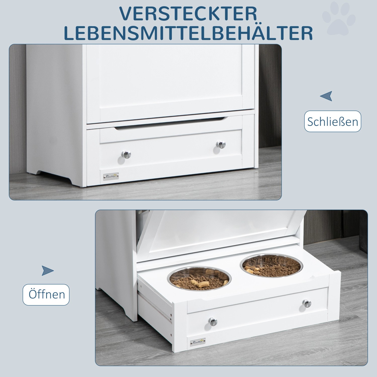 PawHut Haustier-Futterschrank, weiß, mit zwei Näpfen und Stauraum für Futter und Zubehör.