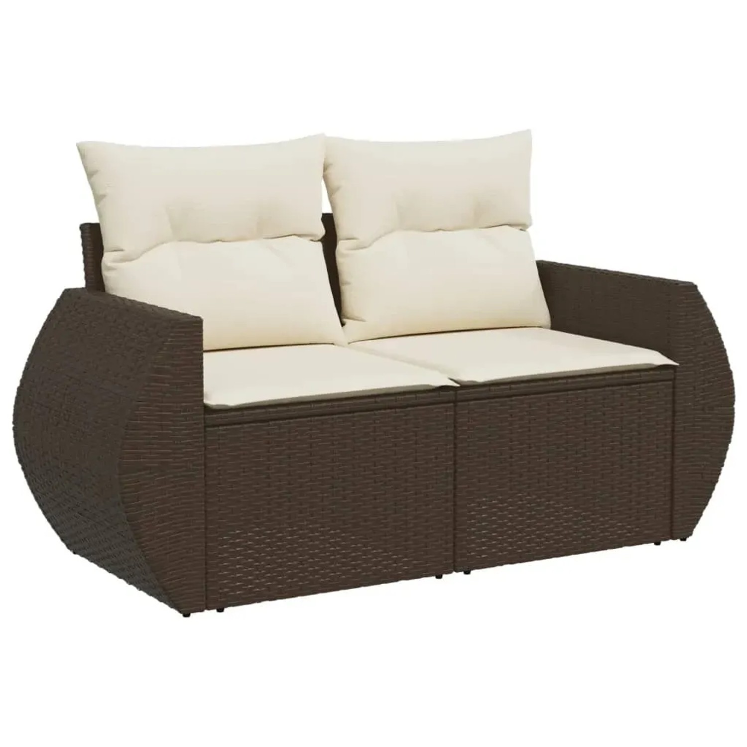 Braune vidaXL Garten-Sofagarnitur aus Rattan mit cremefarbenen Kissen.