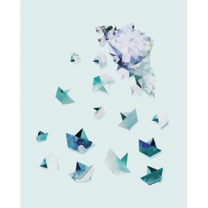 Komar Wandbild Mindset, 40x50 cm, mit abstrakten, blau-grünen Papierbooten und Dreiecken.