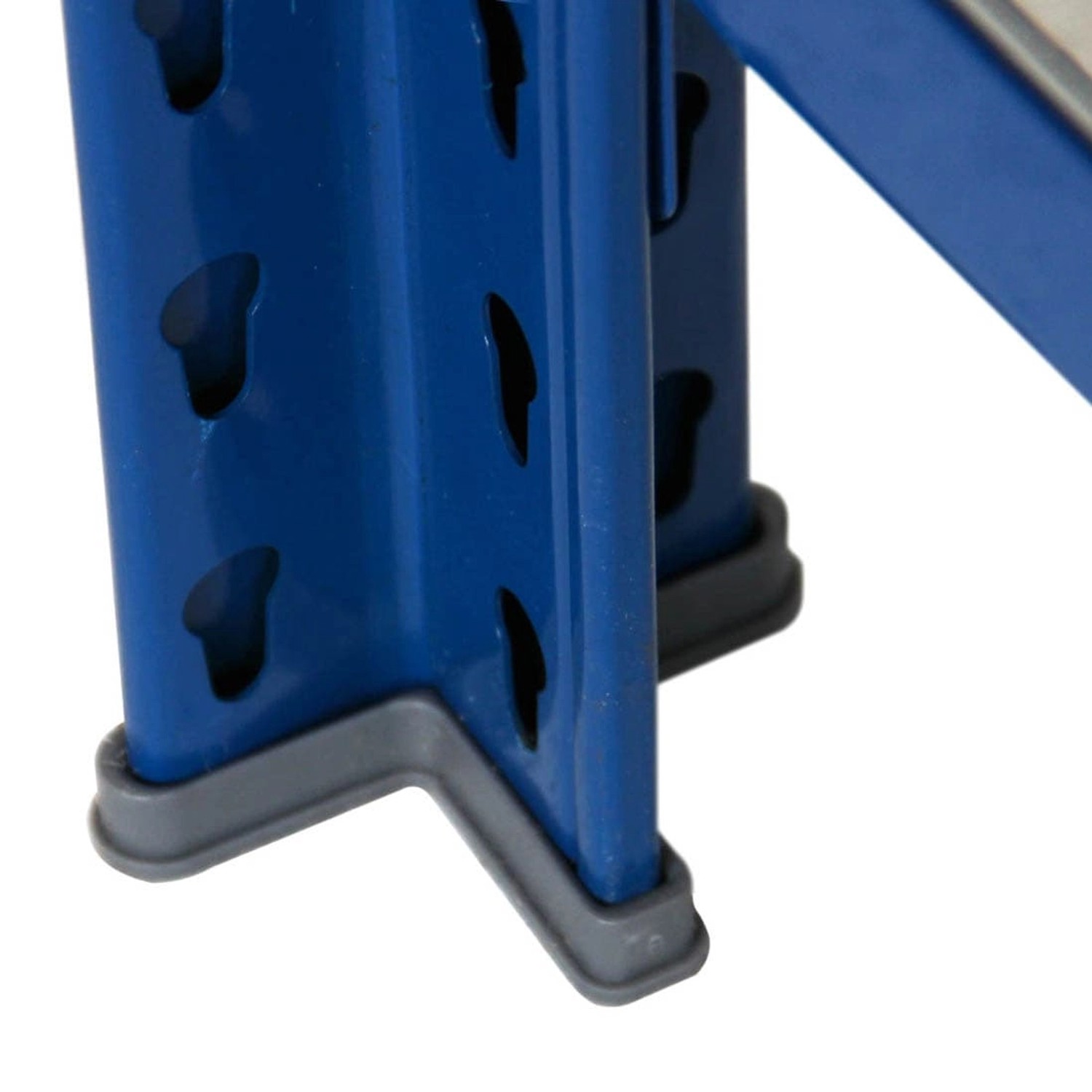 Detailaufnahme: Blaues Ar Shelving T Profil Steckregal mit grauen Füßen.