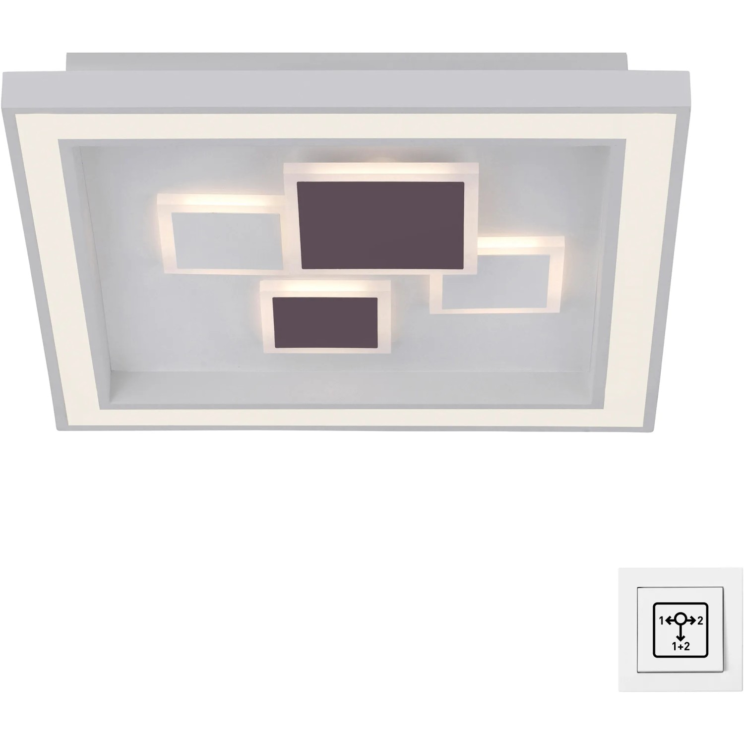 Moderne, weiße LED-Deckenleuchte Eliza, 48x48 cm. Wohnraumleuchte mit warmweißem Licht und schaltbaren Lichtelementen.