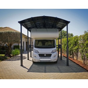 Canopia Carport Arcadia Alpine 8500 in Anthrazit mit Wohnmobil. Stabiler Unterstand für Fahrzeuge.