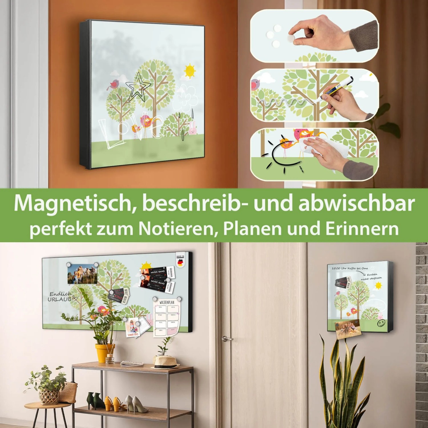 Banjado Großer Schlüsselkasten Metall 30x30cm Schwarz Scharnier Links 50 Haken Beschreibbar Magnetisch Motiv Drei Bäume