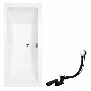Weiße rechteckige Acryl-Badewanne 155x70 cm mit integriertem Ablauf und separatem Siphon-Set.
