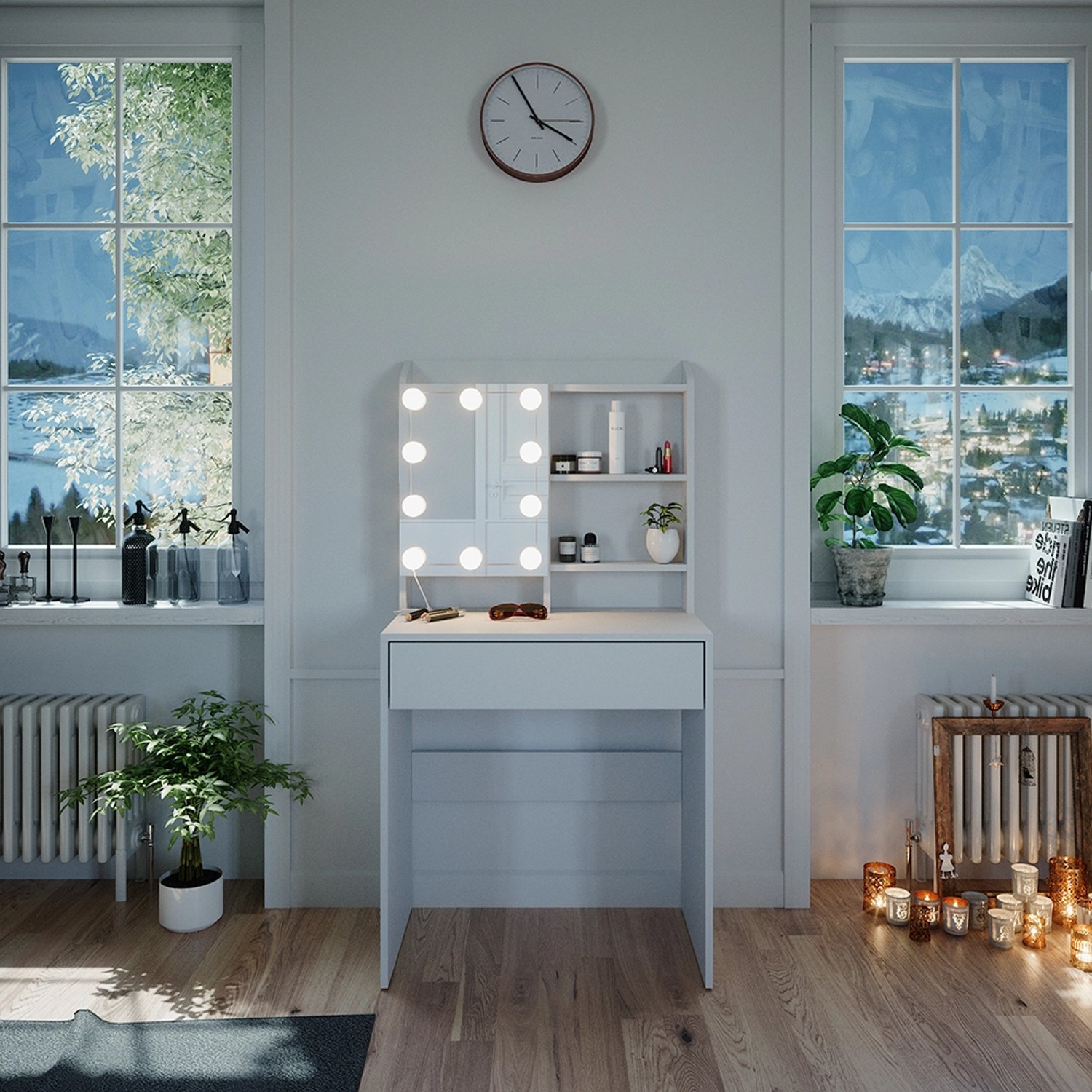 Weißer Vicco Schminktisch Laura 70 cm mit LED-Beleuchtung und Spiegel.