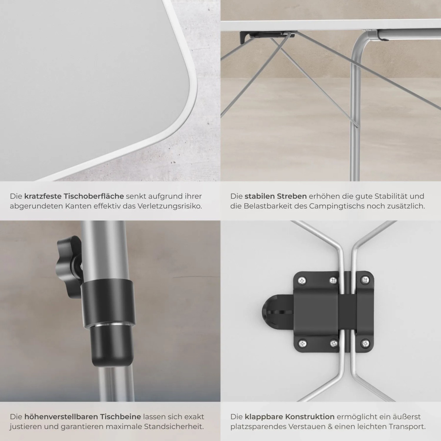 Details des grauen Tectake Campingtischs Julian: Tischplatte, Beine, Klappmechanismus.