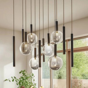 Moderne, 12-flammige Lucande Pendelleuchte Lumavia in Schwarz mit Glaskugeln für Wohn- und Esszimmer.