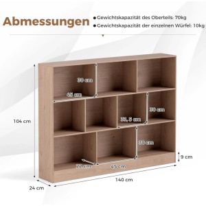 Helles Costway Bücherregal Natur mit 10 offenen Fächern, 140x104 cm. Vielseitiges Holzregal für Bücher & Deko.