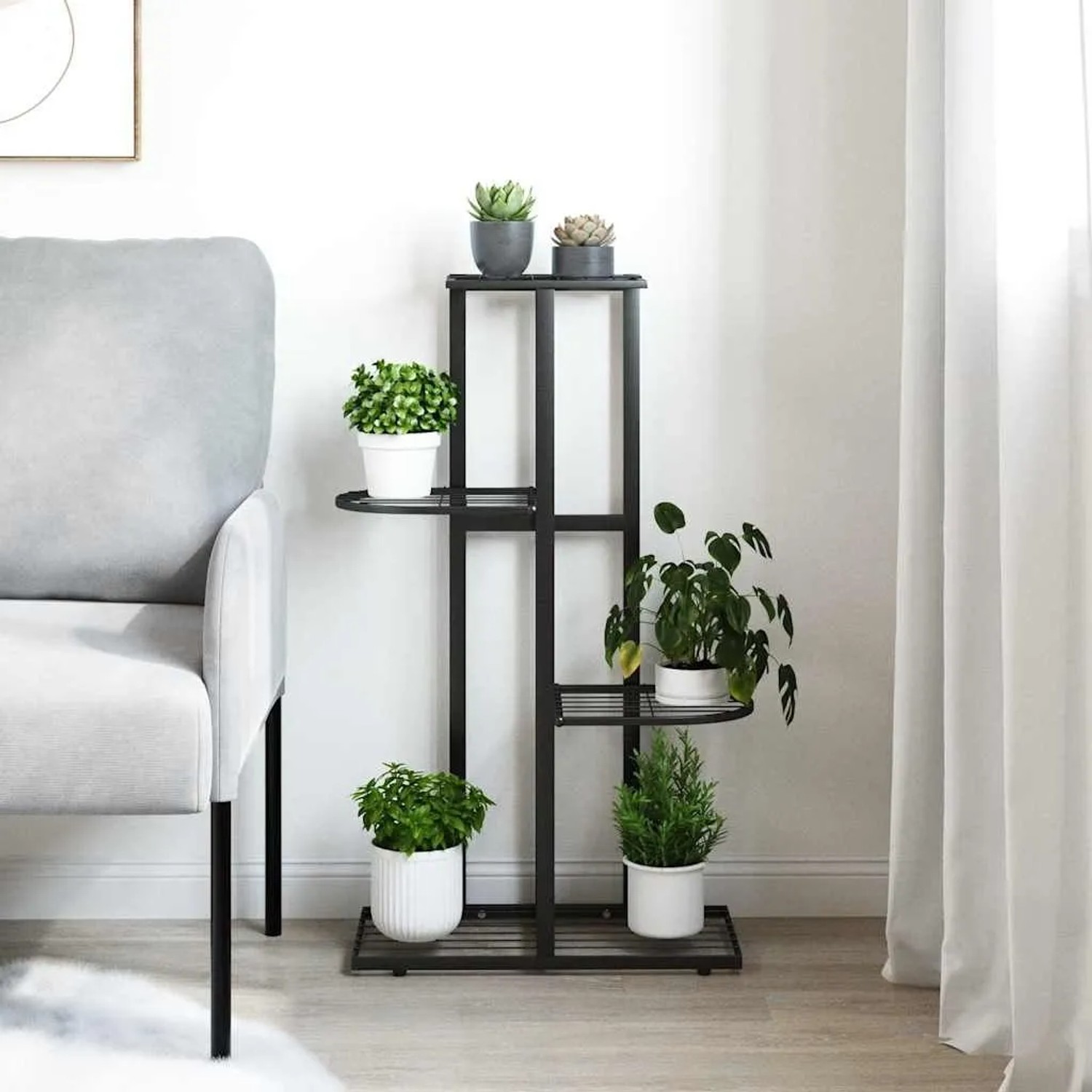 Schwarzer vidaXL Blumenständer mit 4 Etagen aus Metall, 43x22x76 cm.