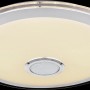 Weiße, runde LED-Deckenleuchte Dunny mit Chromrand und integriertem Lautsprecher.