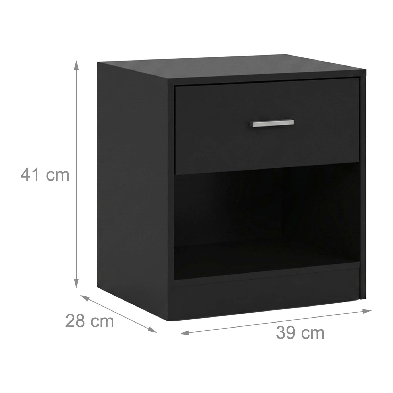 Schwarzer Relaxdays Nachttisch aus MDF mit Schublade, offenem Fach, 41x39x28 cm. Perfekt für Schlafzimmer.