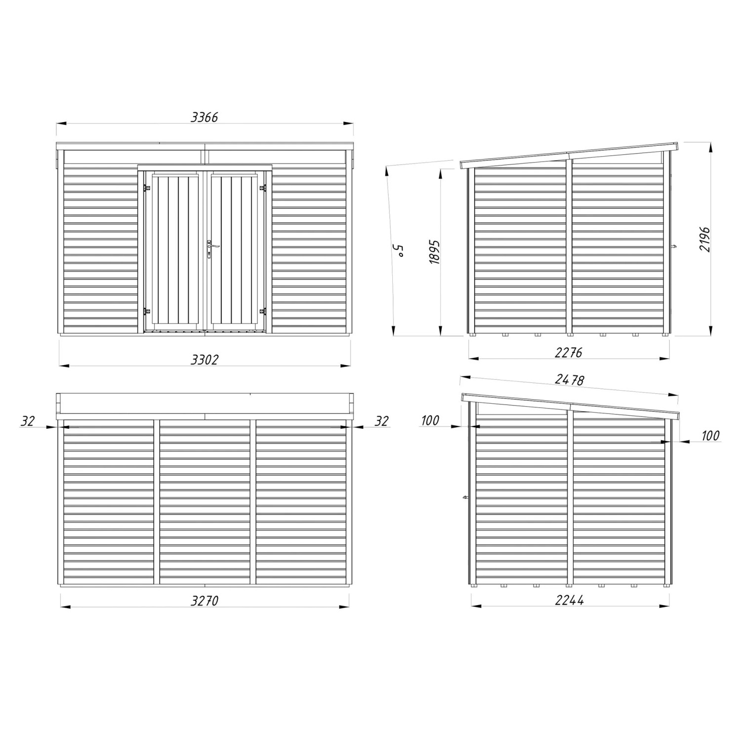 Technische Zeichnung: Palmako Holz-Gartenhaus mit Pultdach, Maße 330x228 cm, unbehandelt.