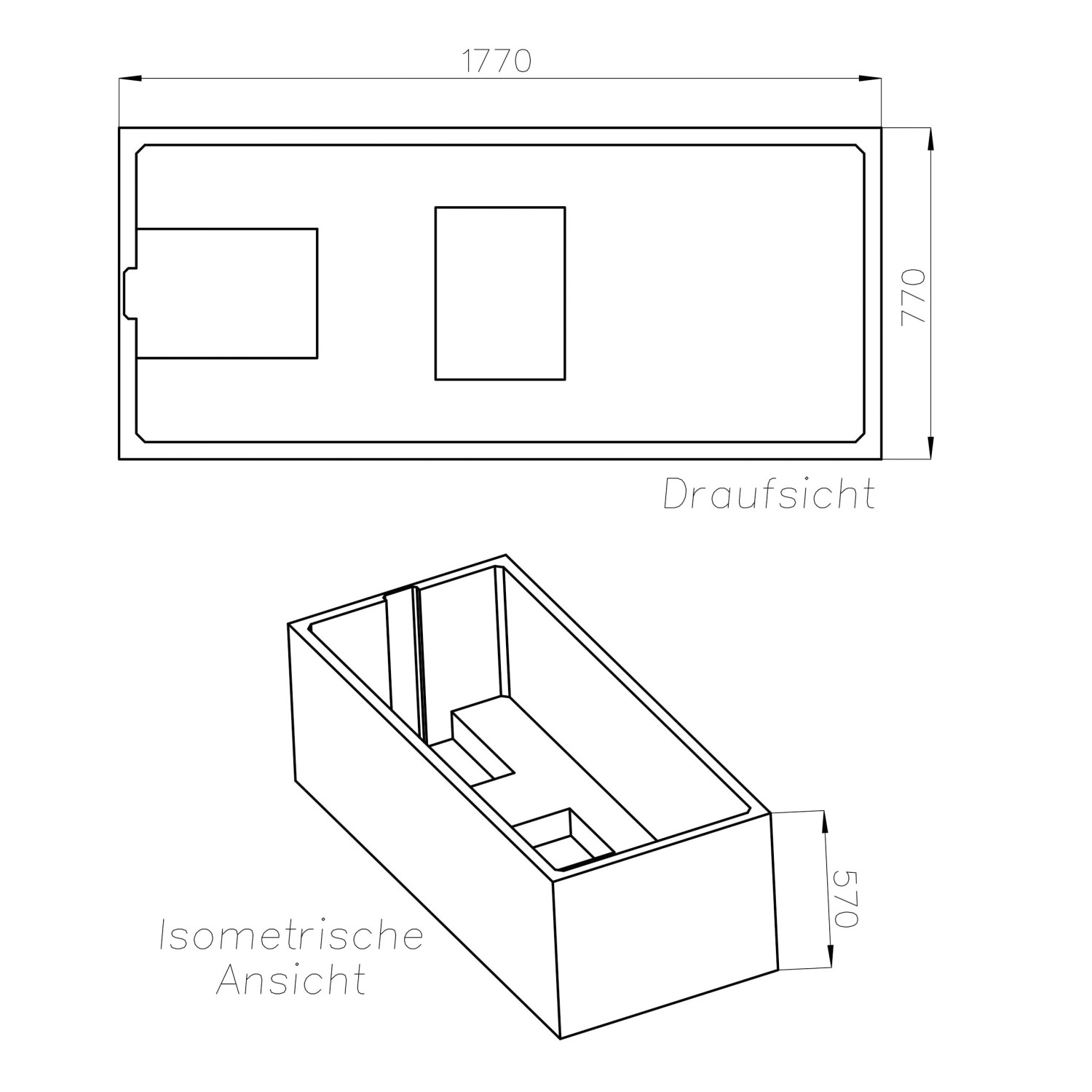 Technische Zeichnung Ottofond Körperformwanne-Set 180x80 cm, Draufsicht und isometrische Ansicht.