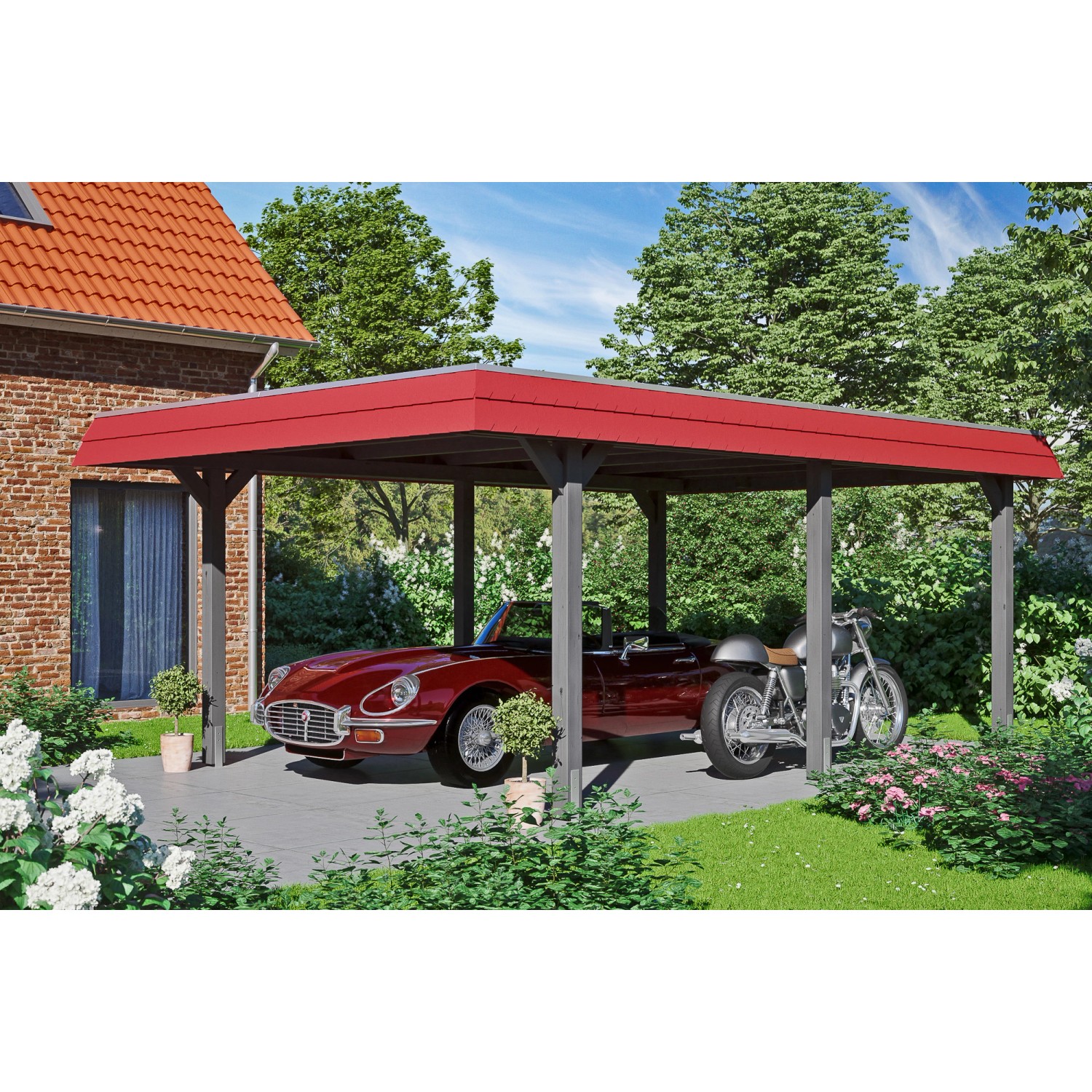 Skan Holz Carport Wendland Schiefergrau 409 x 628 cm Alu-Dach Blende Rot