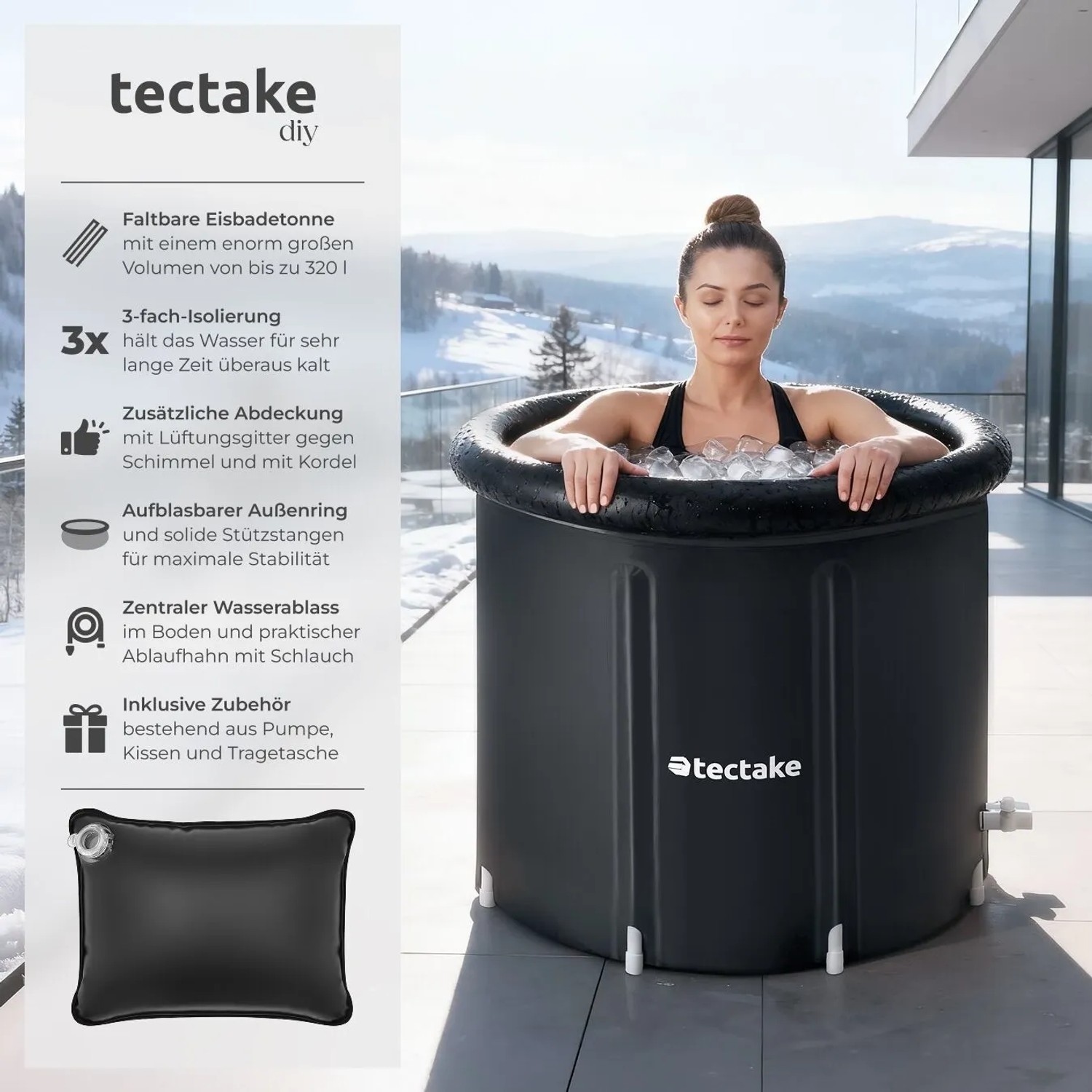 Tectake Eisbadetonne Helsinki, faltbar, mit Frau im Eisbad vor Winterlandschaft.