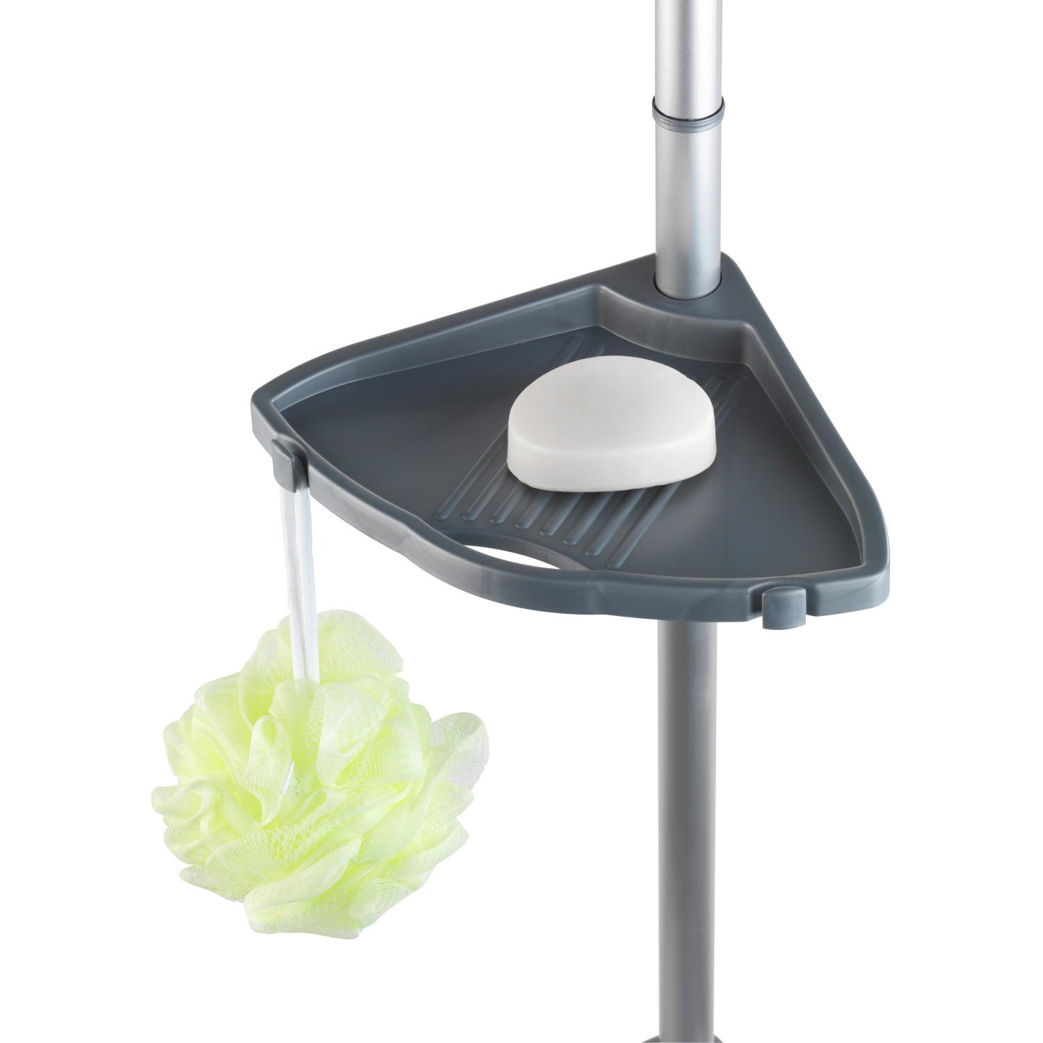 Detailaufnahme: Silberne Wenko Teleskop-Duschecke Compact mit Ablage, Seife und Schwamm.