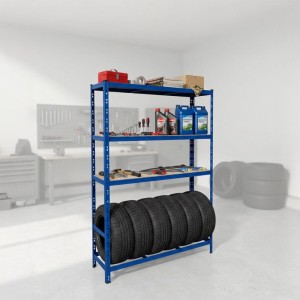 Relaxdays Reifenregal Stahl Blau Höhenverstellbar für 6 Reifen mit 3 MDF-Ablagen 180 cm x 120 cm x 40 cm