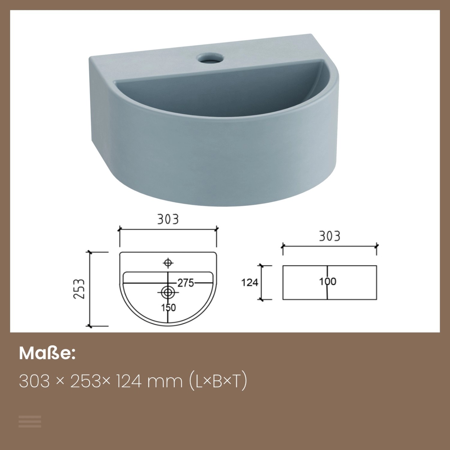Emke Waschbecken, hellgrau-blau, U-Form, Keramik, zur Wandmontage. Miniwaschbecken für kleine Bäder.