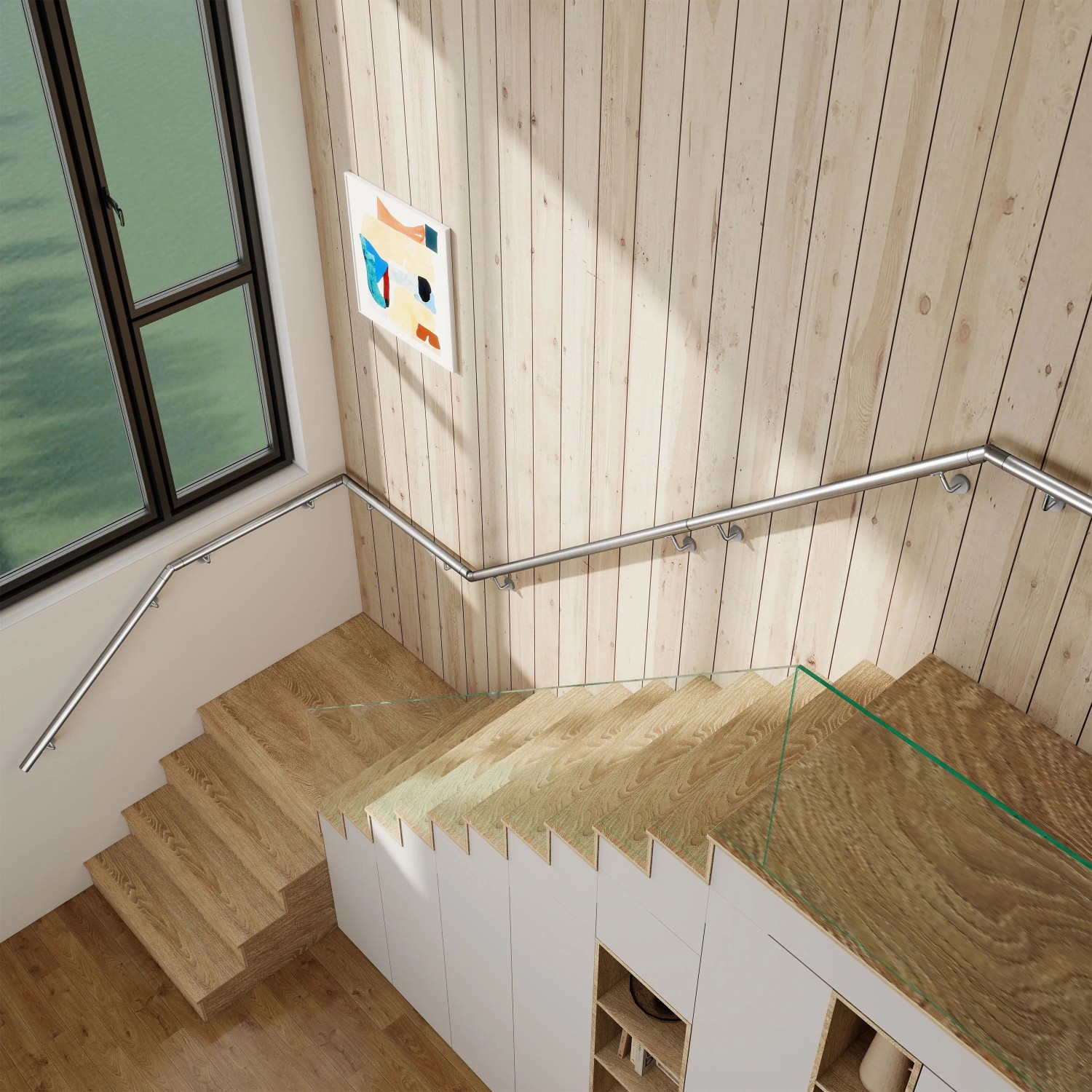 Edelstahl 304 Handlauf Komplettset, gebürstet, an einer Holztreppe. Wandhandlauf mit Halterungen für sicheren Halt.