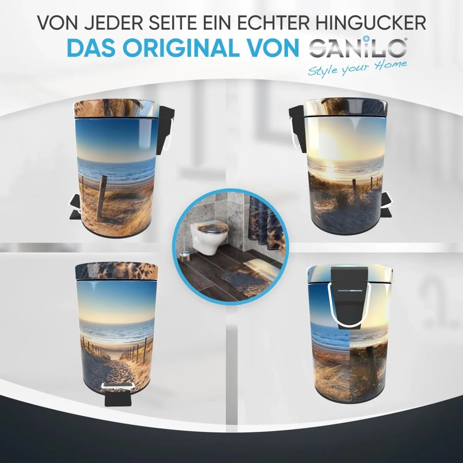 SANILO Kosmetikeimer Düne, verschiedene Ansichten mit Strandmotiven. Badhelfer für stilvolle Badezimmer.