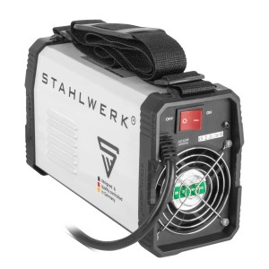STAHLWERK ARC 200 MD Schweißgerät mit Tragegurt, Lüfter und Ein/Aus Schalter.