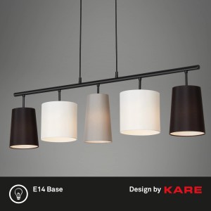 Brilo Pendelleuchte Shades, 5-flammig, schwarz mit Textilschirmen in Grau, Weiß und Schwarz.