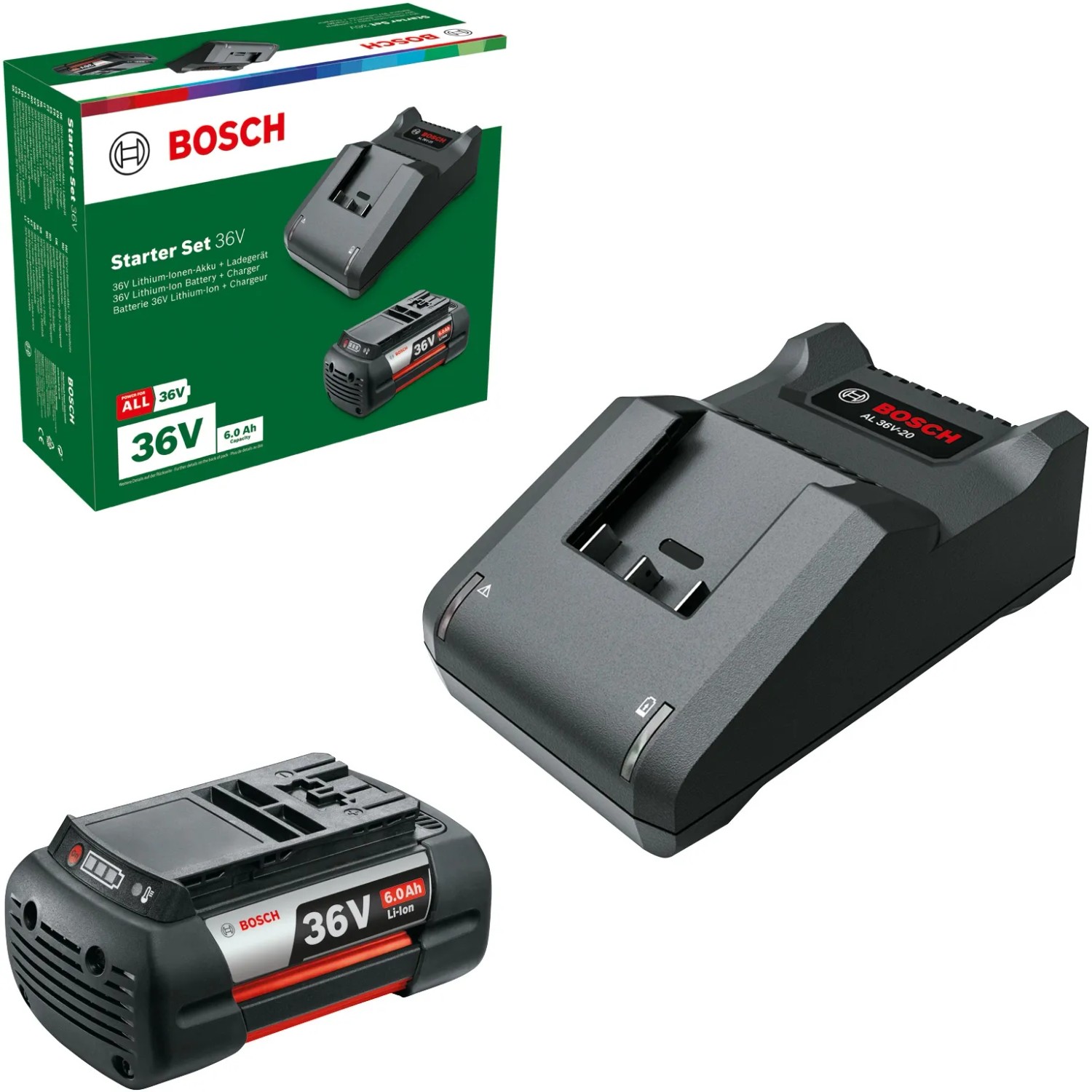 Bosch Akku Starter-Set 36V mit 6.0 Ah Akku und Ladestation für Elektrowerkzeuge.