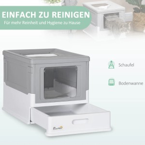Grau-weißes PawHut Katzenklo mit Schublade und Schaufelhalterung.