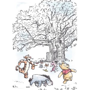 Winnie Pooh Wandbild: I-Aah, Tigger, Ferkel und Pooh spielen vor einem Baum.