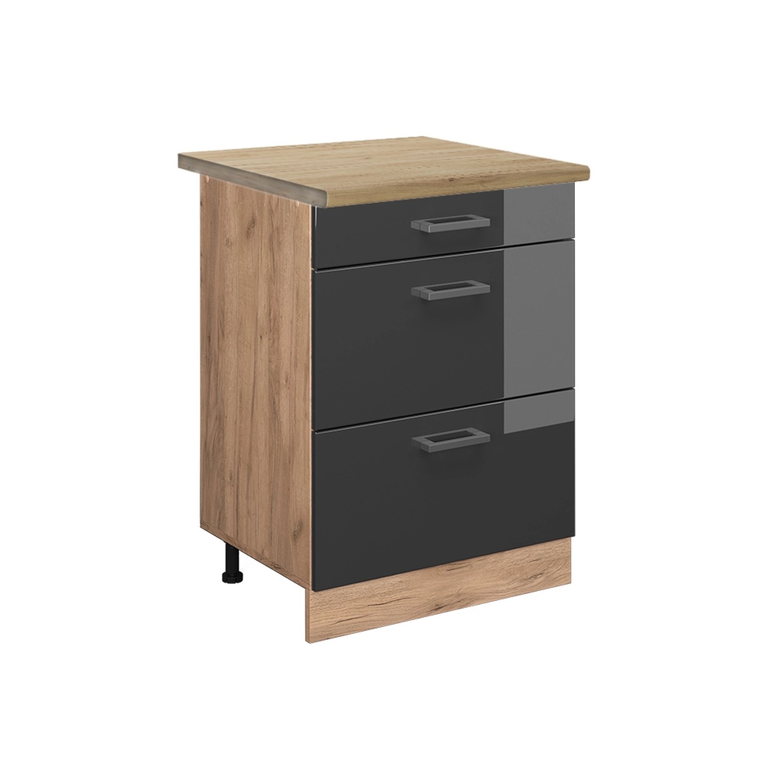 Vicco Küchenunterschrank R-Line Anthrazit Hochglanz/Goldkraft Eiche 60 cm mit Schubladen AP Eiche