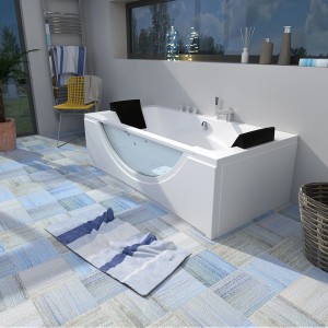 AcquaVapore Whirlpool Badewanne W81H-B 180x90 mit Glasfront und schwarzen Nackenkissen.