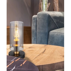 Globo Fanni Tischlampe, schwarz matt mit Rauchglas, modernes Design für Wohnräume.