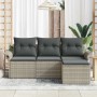 Hellgraues 4-teiliges vidaXL Garten-Sofa-Set aus Poly Rattan mit Kissen.